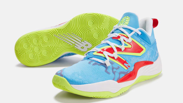Jamal Murray's blue, green, and red New Balance shoes.